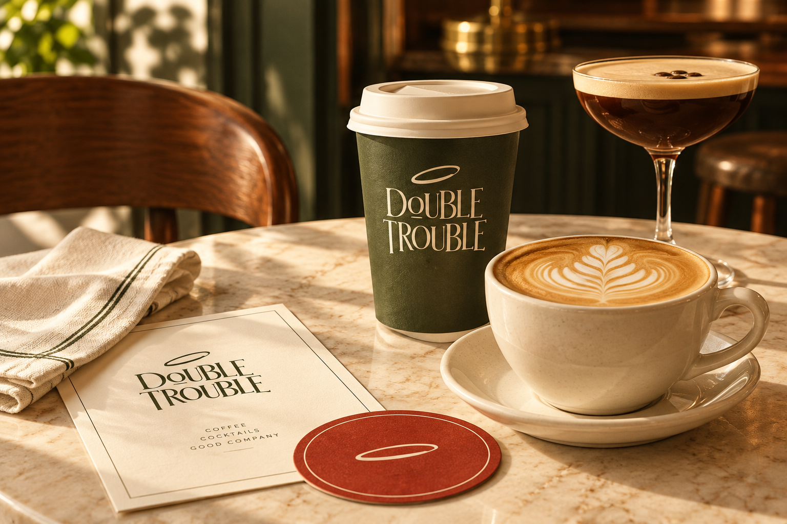 Double Trouble concept coffee cup, latte and espresso martini on a cream stone table
